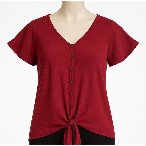 Burgundy Button Front Tie‎ Hem Blouse Short Sleeve V-Neck Top Women’s Medium - Picture 1 of 9